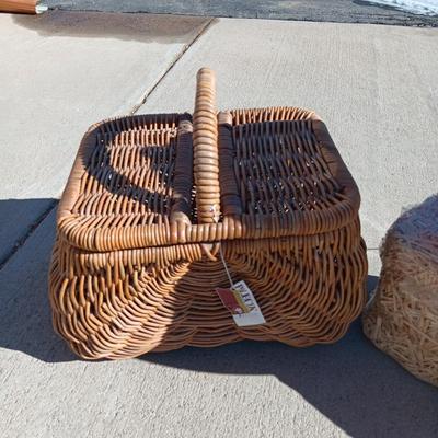 LARGE LIGHTED PUMPKIN, NEW STRAW BALE AND A LARGE WICKER BASKET W/REMOVABLE LID