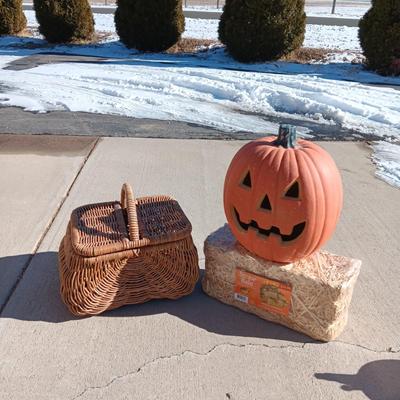 LARGE LIGHTED PUMPKIN, NEW STRAW BALE AND A LARGE WICKER BASKET W/REMOVABLE LID