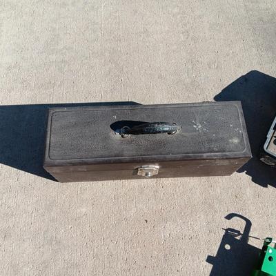 S & K tOOLS METAL LOCKING TOOL BOX, PLASTIC TOOL BOX, LARGE CAULKING GUN AND MORE
