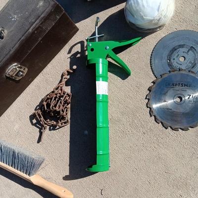 S & K tOOLS METAL LOCKING TOOL BOX, PLASTIC TOOL BOX, LARGE CAULKING GUN AND MORE