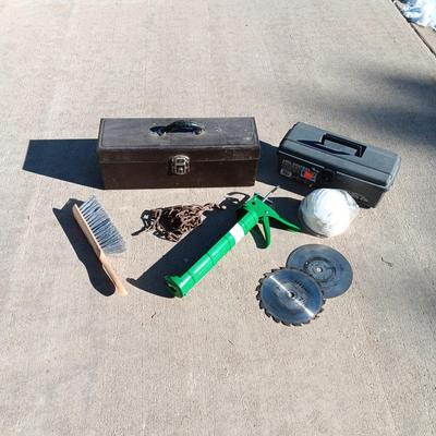S & K tOOLS METAL LOCKING TOOL BOX, PLASTIC TOOL BOX, LARGE CAULKING GUN AND MORE