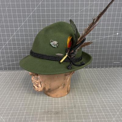 Wool Alpine Hat with Feathers, Made in Germany, Green 