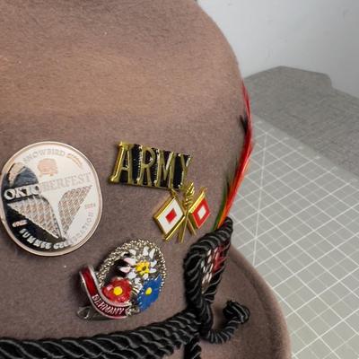 Wool Alpine Hat with Feathers, Made in Germany Brown 