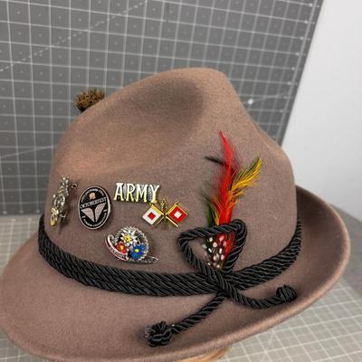 Wool Alpine Hat with Feathers, Made in Germany Brown 