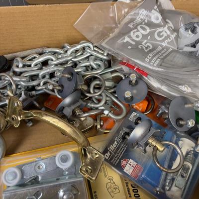 Tray of Hardware; Hooks, Chain, Screws