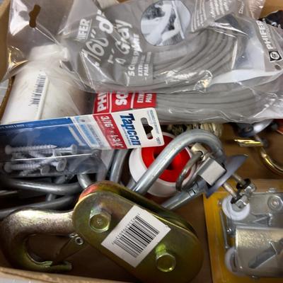 Tray of Hardware; Hooks, Chain, Screws