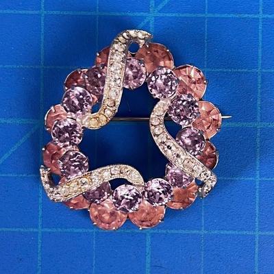 EISENBERG Pink Lavender Rhinestone Pin Brooch Vintage Marked
