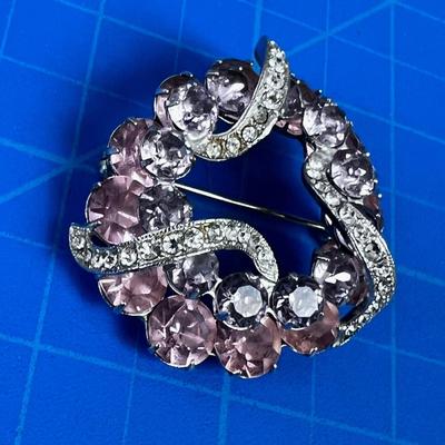 EISENBERG Pink Lavender Rhinestone Pin Brooch Vintage Marked