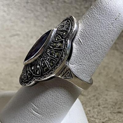 Art Deco style Amethyst Marquise & Marcasite Sterling Silver Ring Size 7.5