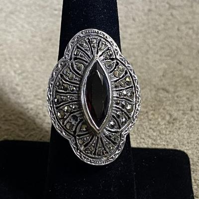 Art Deco style Amethyst Marquise & Marcasite Sterling Silver Ring Size 7.5