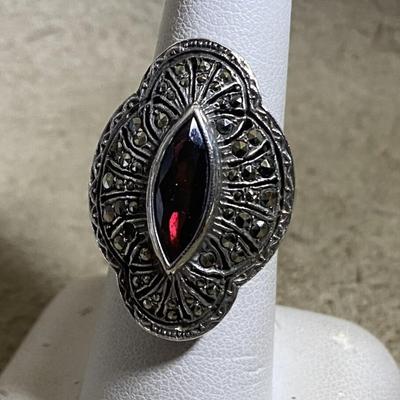 Art Deco style Amethyst Marquise & Marcasite Sterling Silver Ring Size 7.5