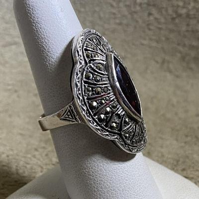 Art Deco style Amethyst Marquise & Marcasite Sterling Silver Ring Size 7.5