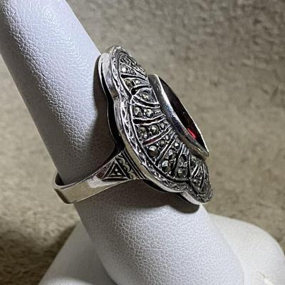 Art Deco style Amethyst Marquise & Marcasite Sterling Silver Ring Size 7.5