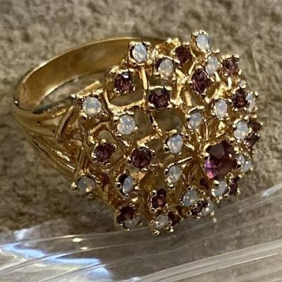 Amethyst Crystal and Pinfire Opal Burst Ring 18k Yellow Gold Plate