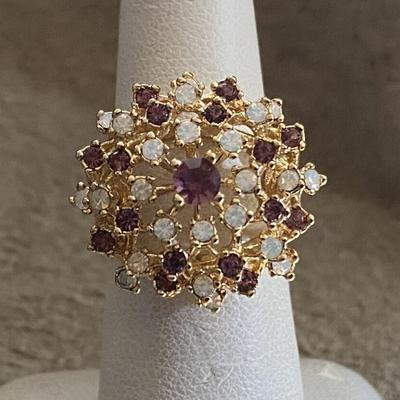 Amethyst Crystal and Pinfire Opal Burst Ring 18k Yellow Gold Plate