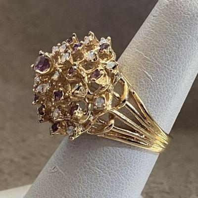 Amethyst Crystal and Pinfire Opal Burst Ring 18k Yellow Gold Plate