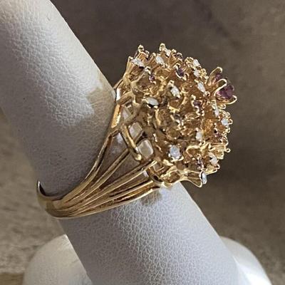 Amethyst Crystal and Pinfire Opal Burst Ring 18k Yellow Gold Plate