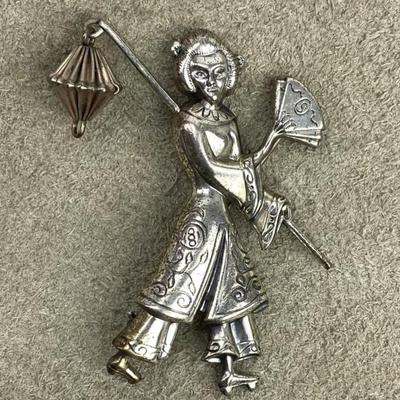 vintage LANG STERLING & VERMEIL JAPANESE GEISHA FIGURAL BROOCH