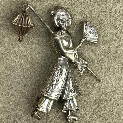vintage LANG STERLING & VERMEIL JAPANESE GEISHA FIGURAL BROOCH