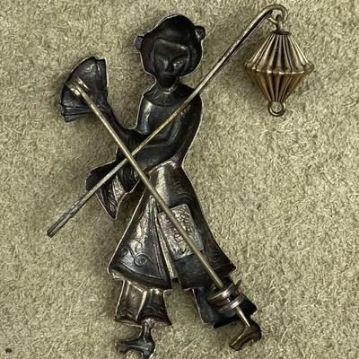 vintage LANG STERLING & VERMEIL JAPANESE GEISHA FIGURAL BROOCH