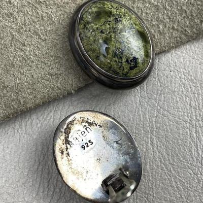 SAJEN BALINESE STERLING & GREEN SERPENTINE CLIP ON EARRINGS