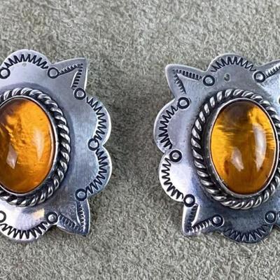 Native American Bobby Francis BBF Sterling & Amber Clip Earrings