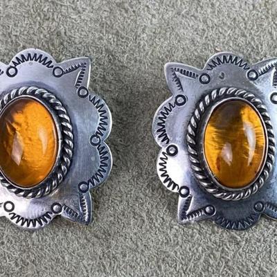 Native American Bobby Francis BBF Sterling & Amber Clip Earrings