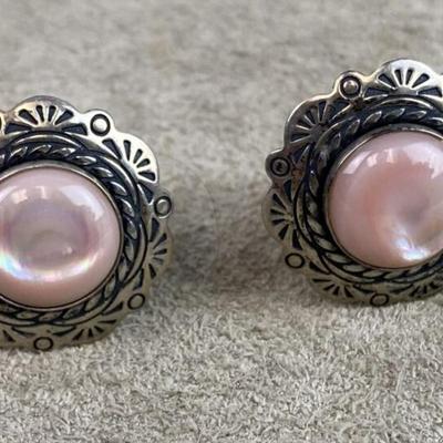 vintage Carolyn Pollack Relios Pink MOP Floral Sterling Clip Earrings