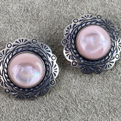 vintage Carolyn Pollack Relios Pink MOP Floral Sterling Clip Earrings