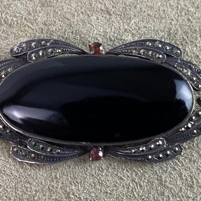 art deco STERLING SILVER MARCASITE & BLACK ONYX PIN
