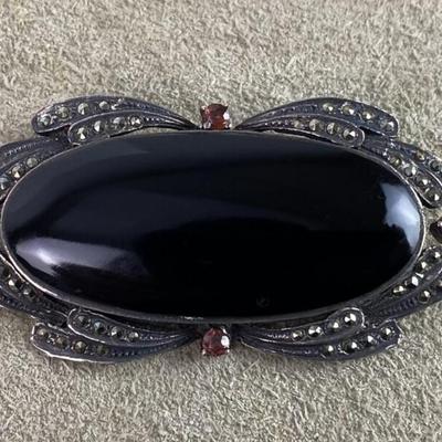 art deco STERLING SILVER MARCASITE & BLACK ONYX PIN