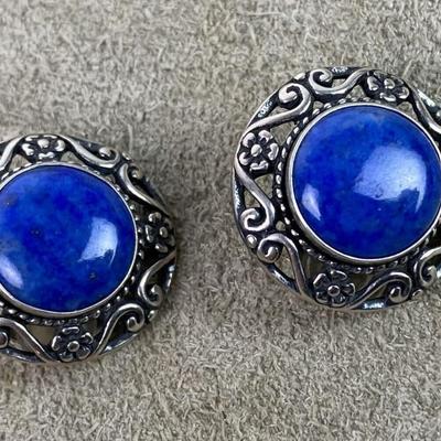CAROLYN POLLACK RELIOS DENIM LAPIS FILIGREE STERLING SILVER CLIP EARRINGS