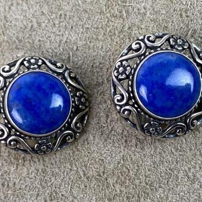 CAROLYN POLLACK RELIOS DENIM LAPIS FILIGREE STERLING SILVER CLIP EARRINGS
