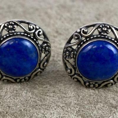CAROLYN POLLACK RELIOS DENIM LAPIS FILIGREE STERLING SILVER CLIP EARRINGS