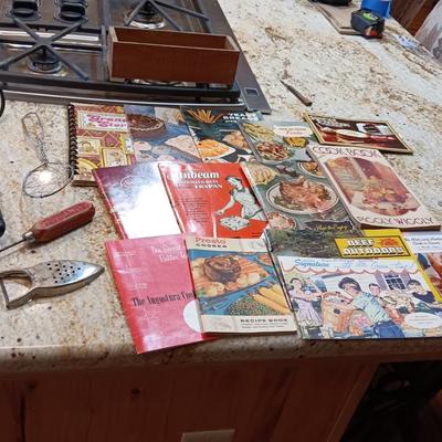 VINTAGE RECIPE PAMPHLETS, KITCHEN UTENSILS AND WOODEN KRAFT CHEESE BOX