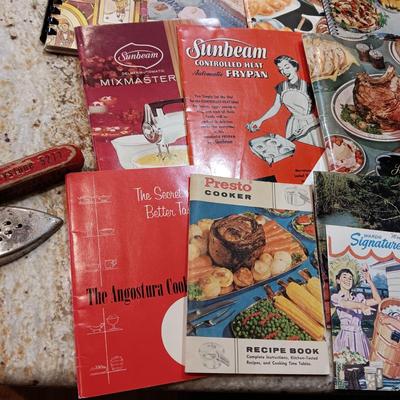 VINTAGE RECIPE PAMPHLETS, KITCHEN UTENSILS AND WOODEN KRAFT CHEESE BOX