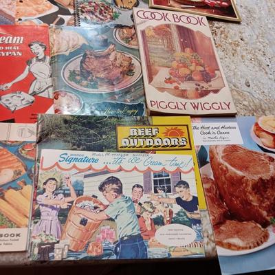 VINTAGE RECIPE PAMPHLETS, KITCHEN UTENSILS AND WOODEN KRAFT CHEESE BOX