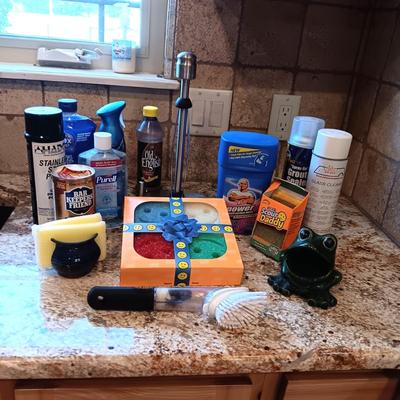 PAPER TOWEL HOLDER, SPONGES AND HOLDERS PLUS CLEANING CHEMICALS
