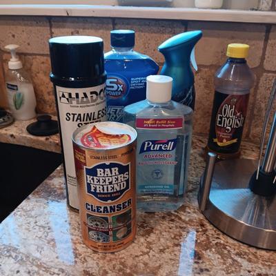 PAPER TOWEL HOLDER, SPONGES AND HOLDERS PLUS CLEANING CHEMICALS