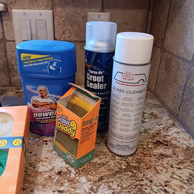 PAPER TOWEL HOLDER, SPONGES AND HOLDERS PLUS CLEANING CHEMICALS