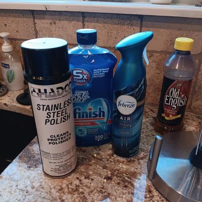 PAPER TOWEL HOLDER, SPONGES AND HOLDERS PLUS CLEANING CHEMICALS