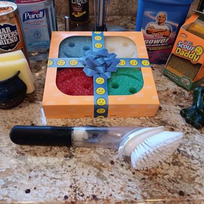 PAPER TOWEL HOLDER, SPONGES AND HOLDERS PLUS CLEANING CHEMICALS