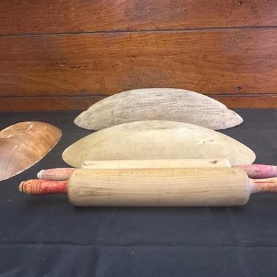 Primitive Wood Bowls, Rolling Pins, Cutting Board and China Plate