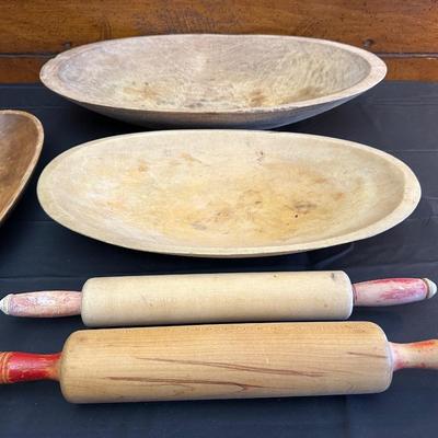 Primitive Wood Bowls, Rolling Pins, Cutting Board and China Plate