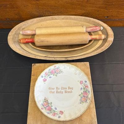 Primitive Wood Bowls, Rolling Pins, Cutting Board and China Plate