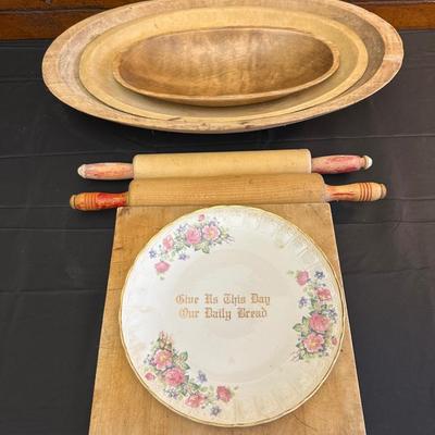 Primitive Wood Bowls, Rolling Pins, Cutting Board and China Plate
