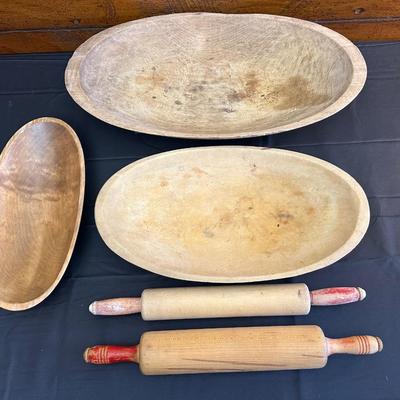 Primitive Wood Bowls, Rolling Pins, Cutting Board and China Plate