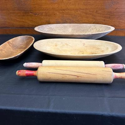 Primitive Wood Bowls, Rolling Pins, Cutting Board and China Plate