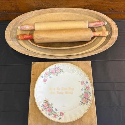 Primitive Wood Bowls, Rolling Pins, Cutting Board and China Plate
