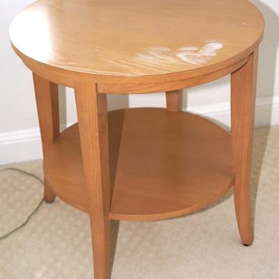 OAK ROUND TOP END TABLE. WITH SHELF BELOW